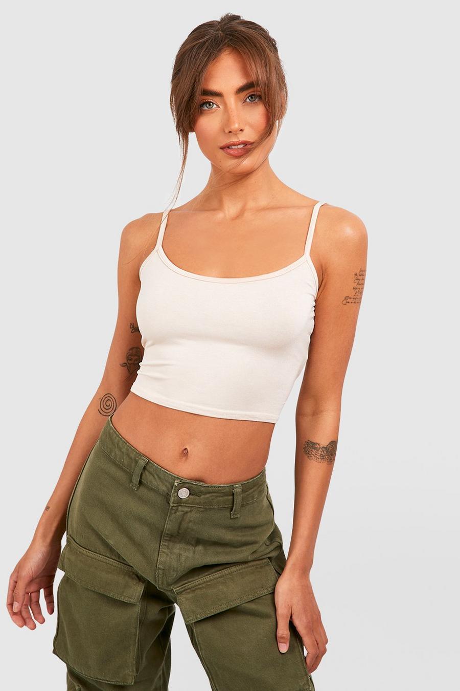 Crop top in jersey in jeans Grazer con spalline, Stone image number 1