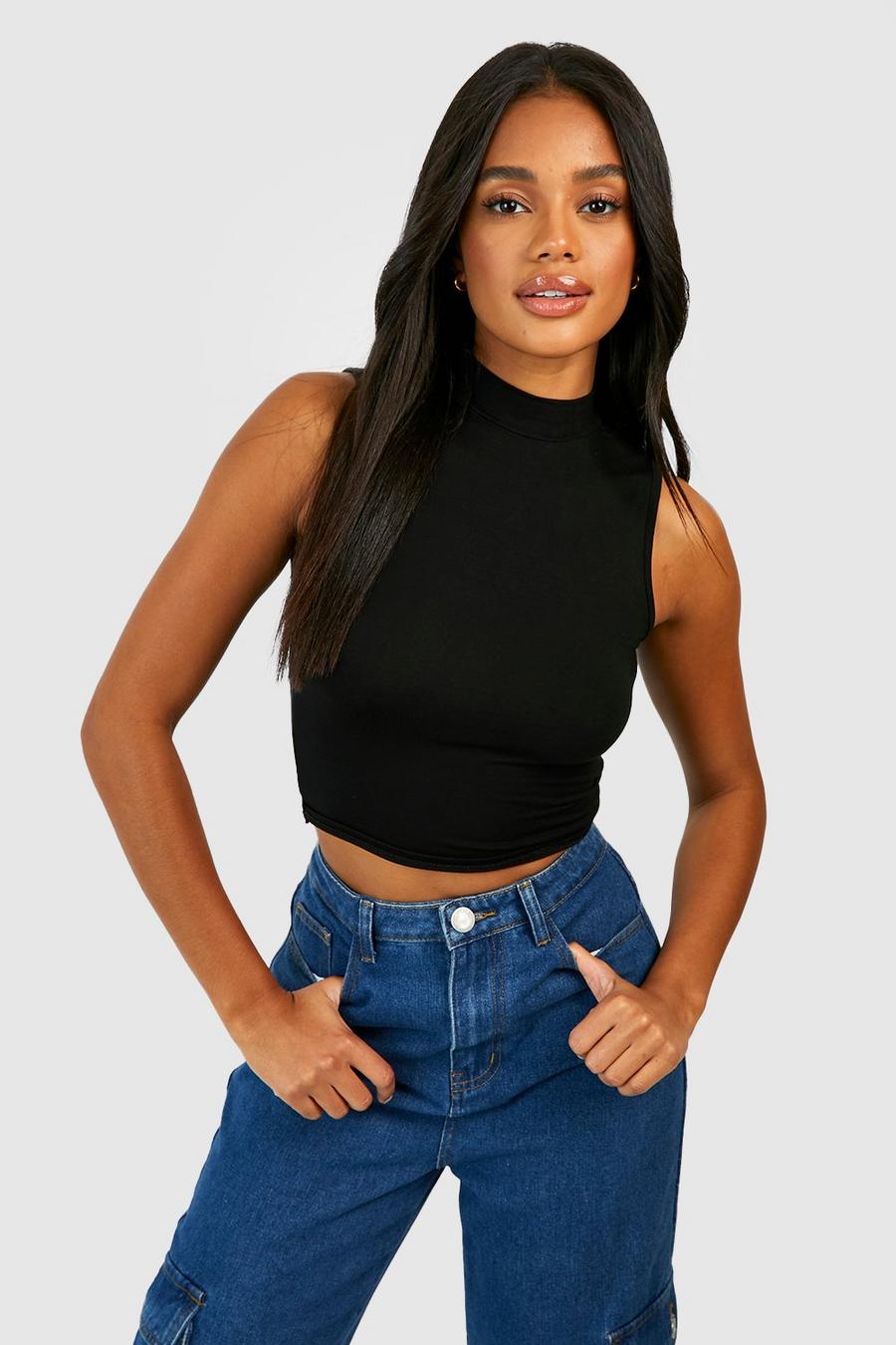 Crop top in jersey a collo alto in jeans Grazer, Black image number 1