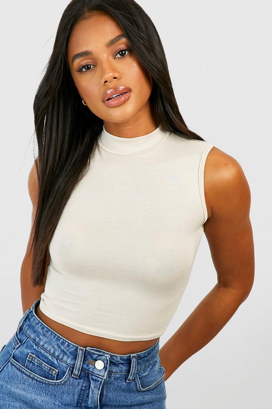 Crop top in jersey a collo alto in jeans Grazer, Stone image number 1