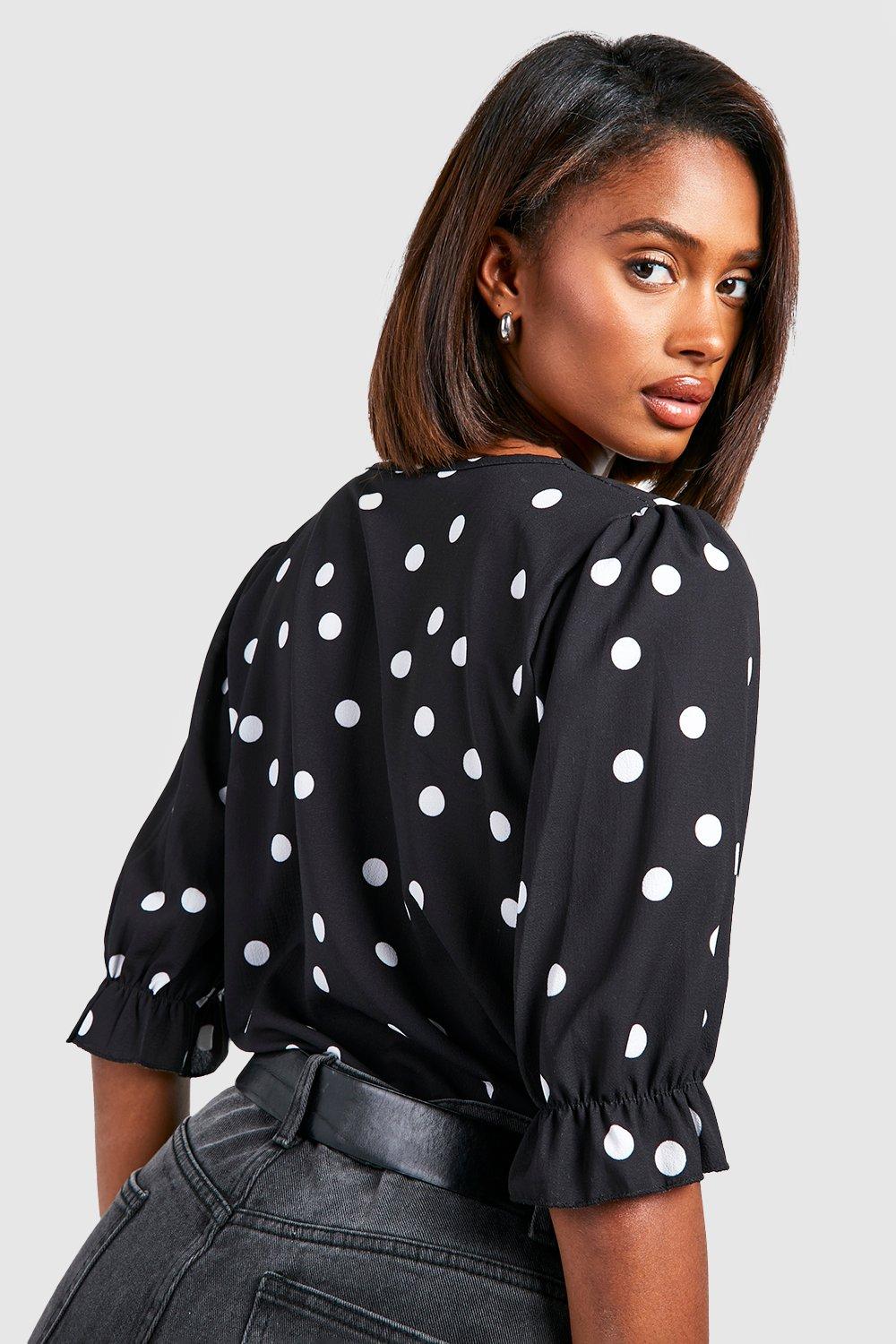 Puff-sleeved Blouse - Black/white dotted - Ladies