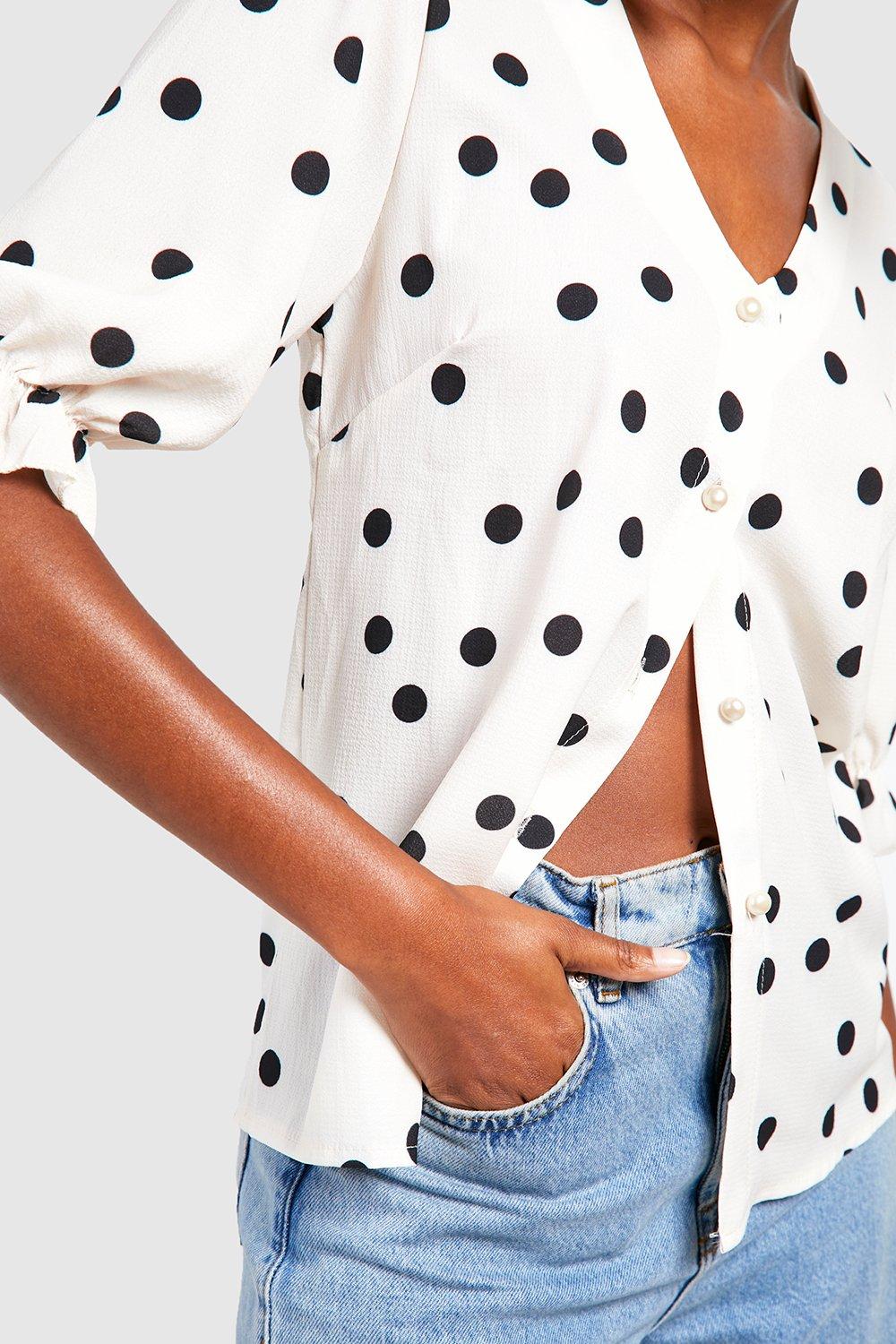 White top with polka dot puff sleeve sale