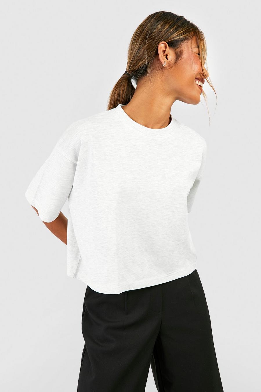 Camiseta básica crop recta de algodón, Grey marl image number 1