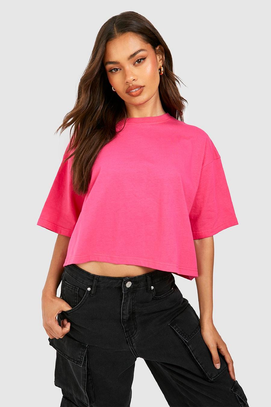 T-shirt court basique en coton, Hot pink
