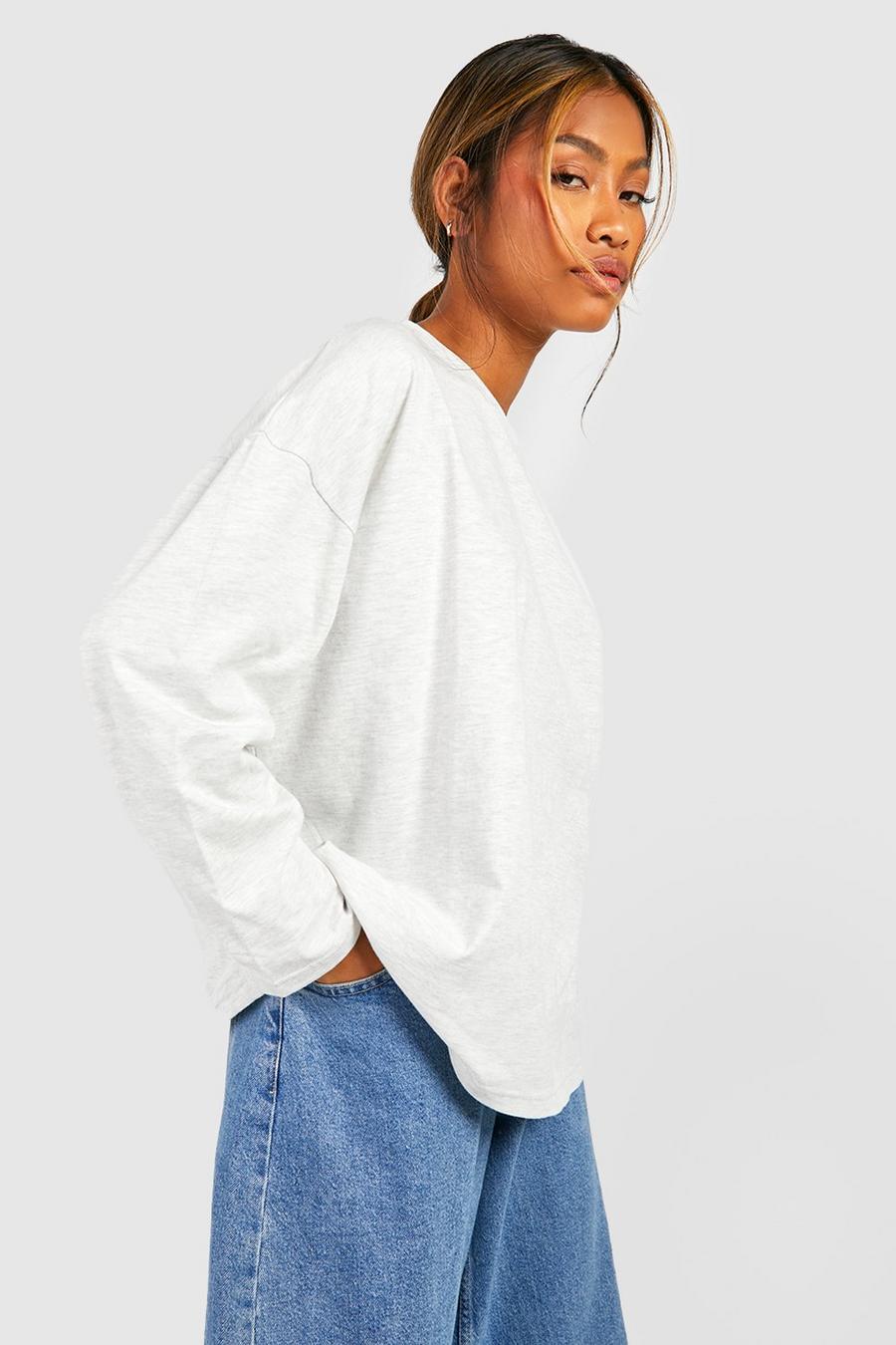 Camiseta básica oversize de algodón y manga larga, Grey marl