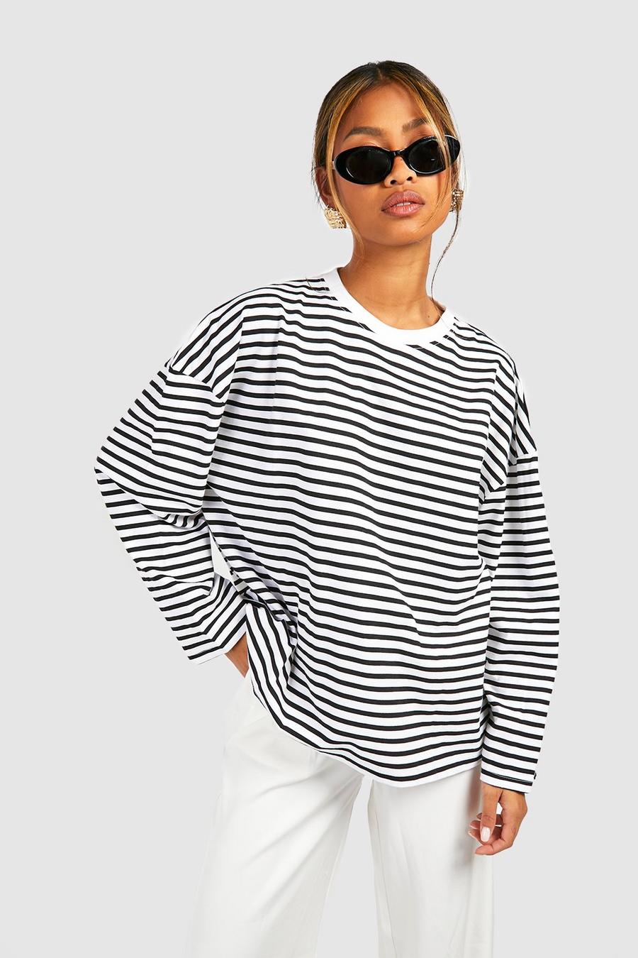 White Basic Cotton Oversized Long Sleeve Striped T-shirt  image number 1