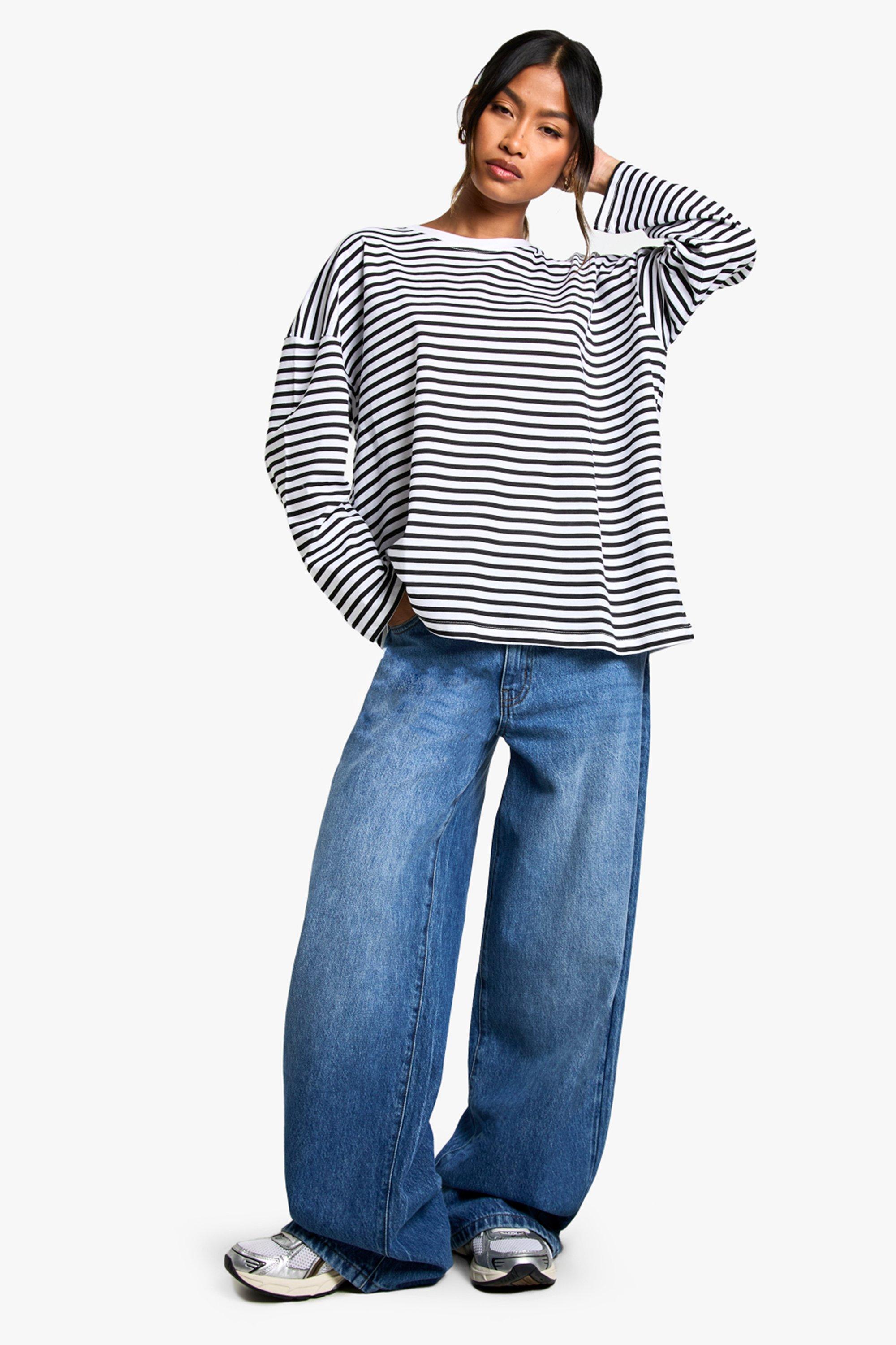 Basic Cotton Oversized Long Sleeve Striped T-shirt