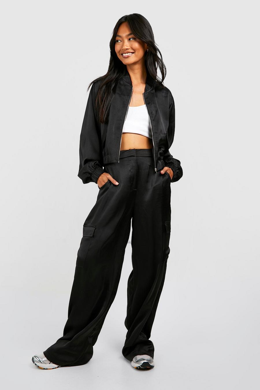 Textured Matte Satin Wide Leg Cargo Trousers  image number 1