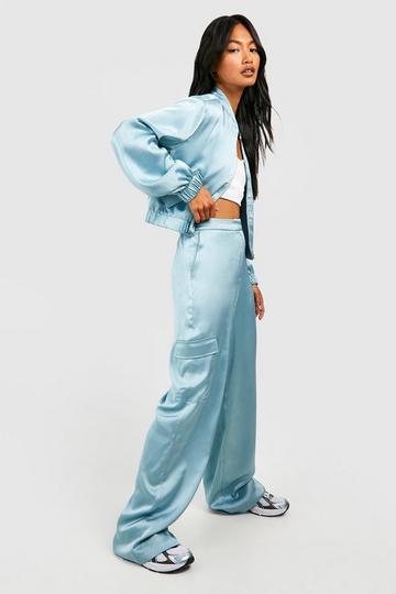 Textured Matte Satin Wide Leg Cargo Pants dusty blue