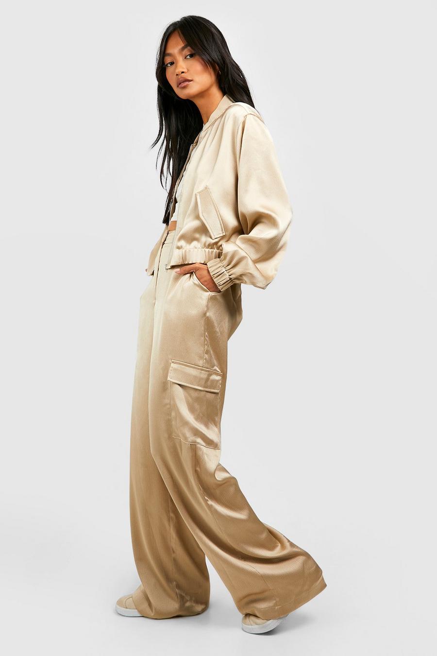 Sand beige Textured Matte Satin Wide Leg Cargo Trousers  image number 1