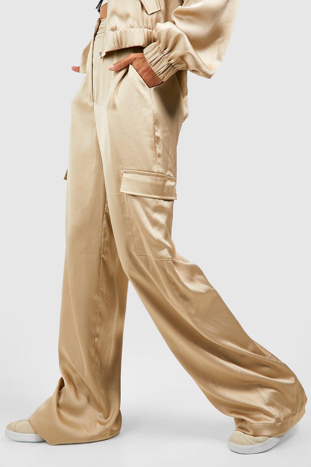 Women's Textured Matte Satin Wide Leg Cargo Trousers