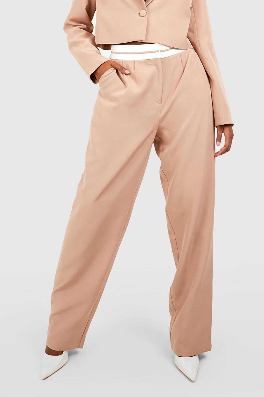 Cream Contrast Waistband Wide Leg Pants