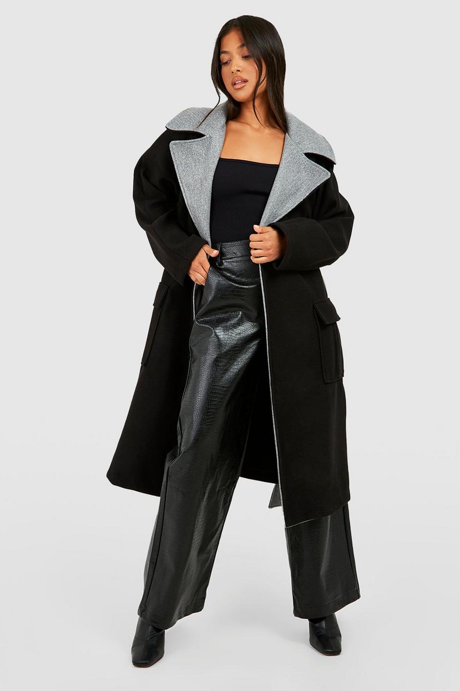 Black schwarz Petite Contrast Belted Wool Look Coat