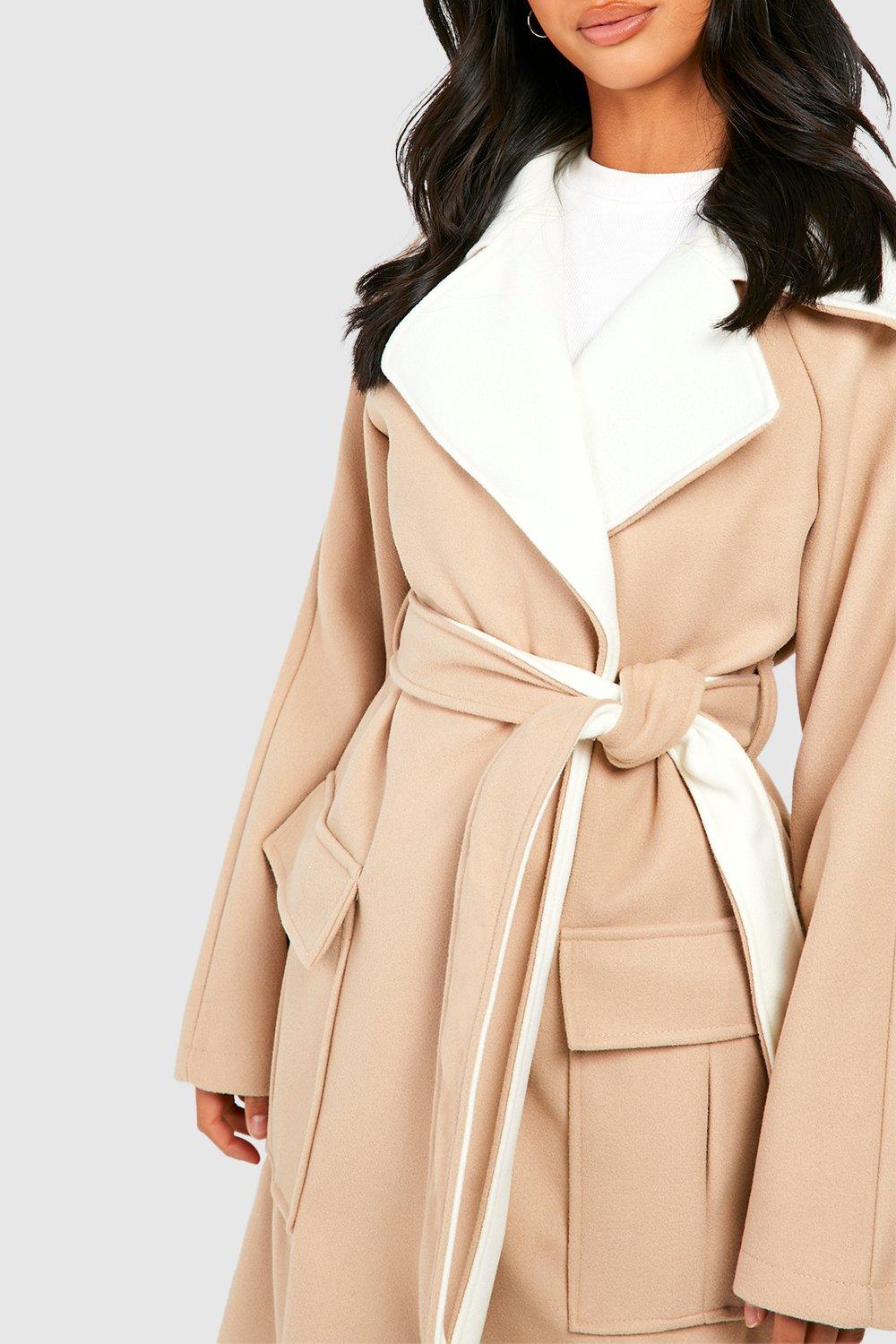 Petite Contrast Belted Wool Look Coat boohoo