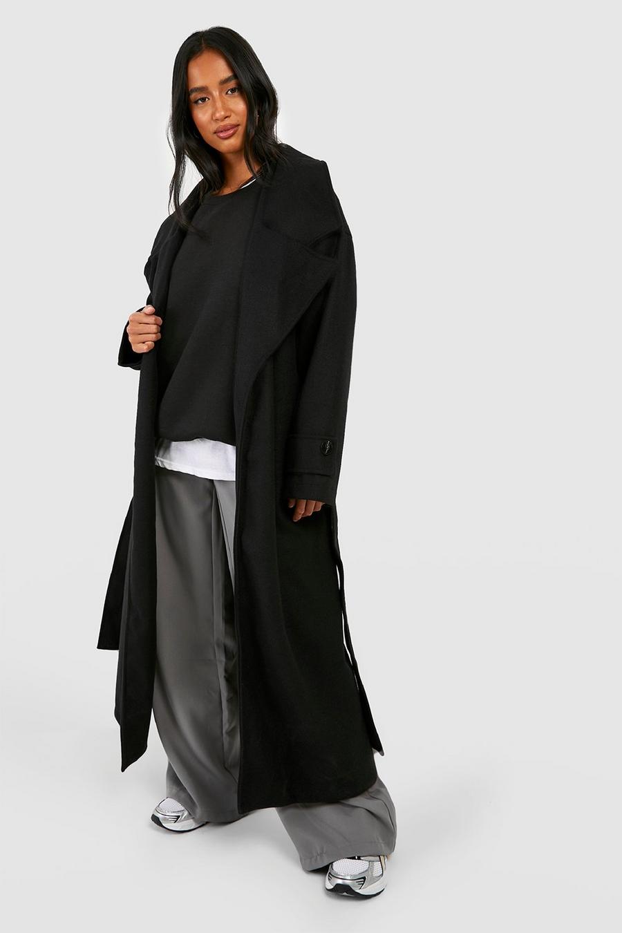 Black Petite Oversized Wool Look Longline Belted Trench Coat image number 1