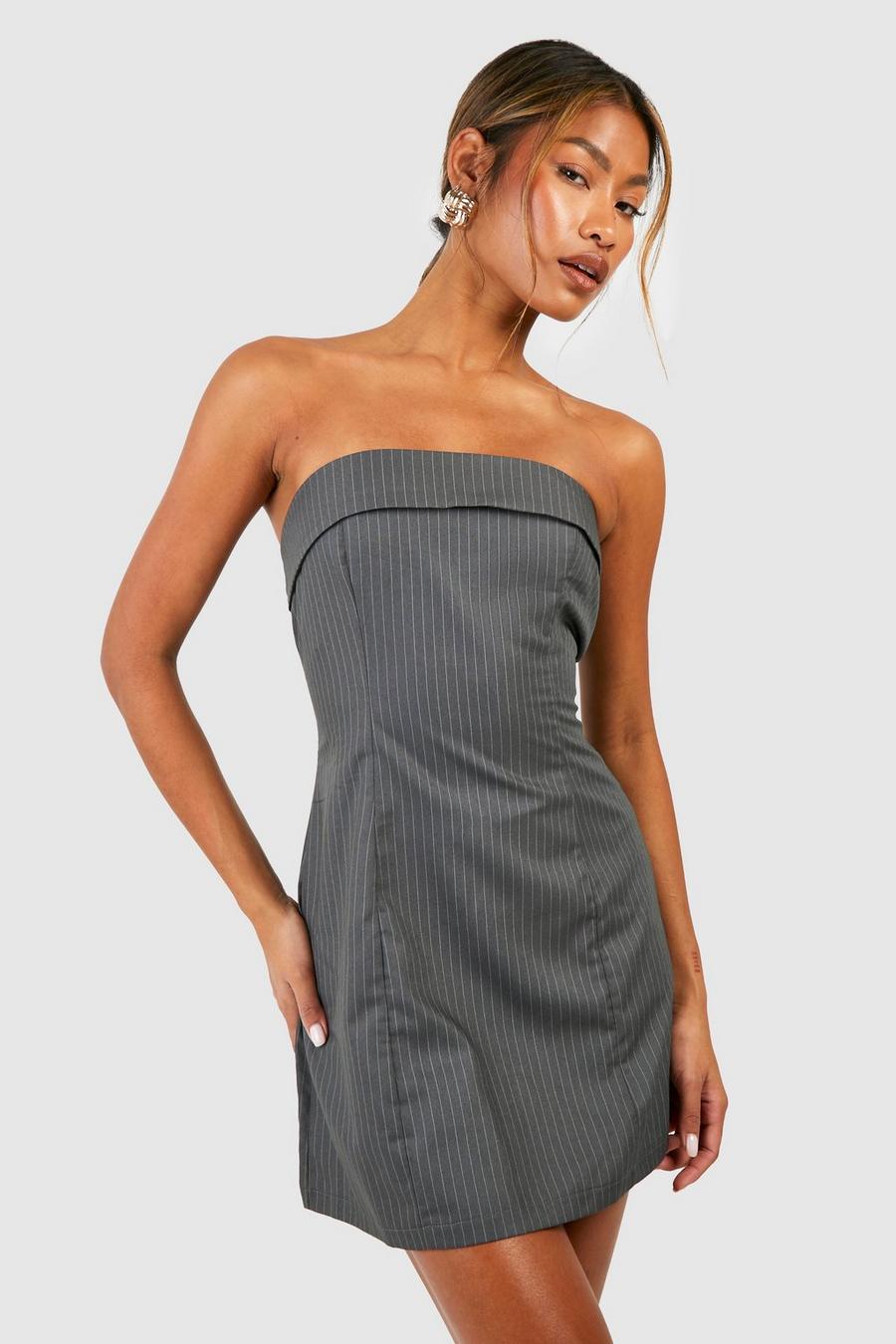 Grey Pinstripe Bandeau Tailored Mini Dress image number 1