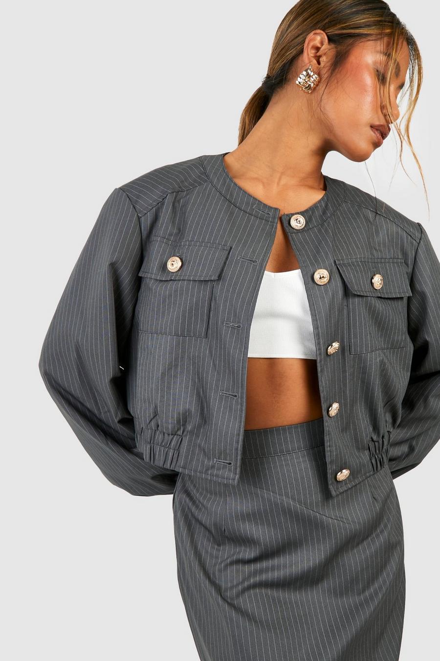 Grey Pinstripe Relaxed Fit Bomber image number 1