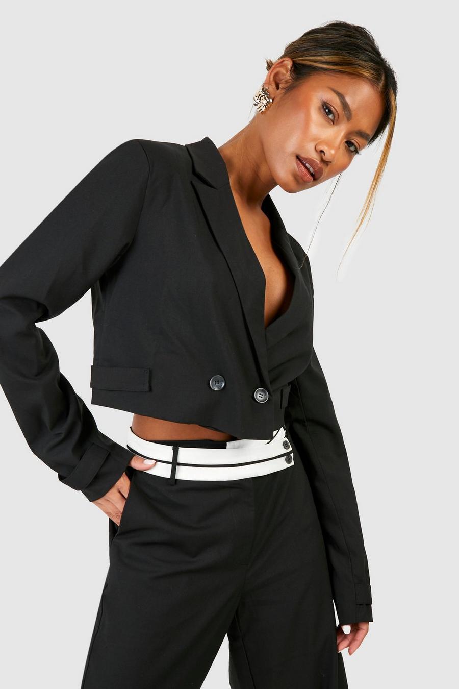 Black Marl Boxy Cropped Tailored Blazer
