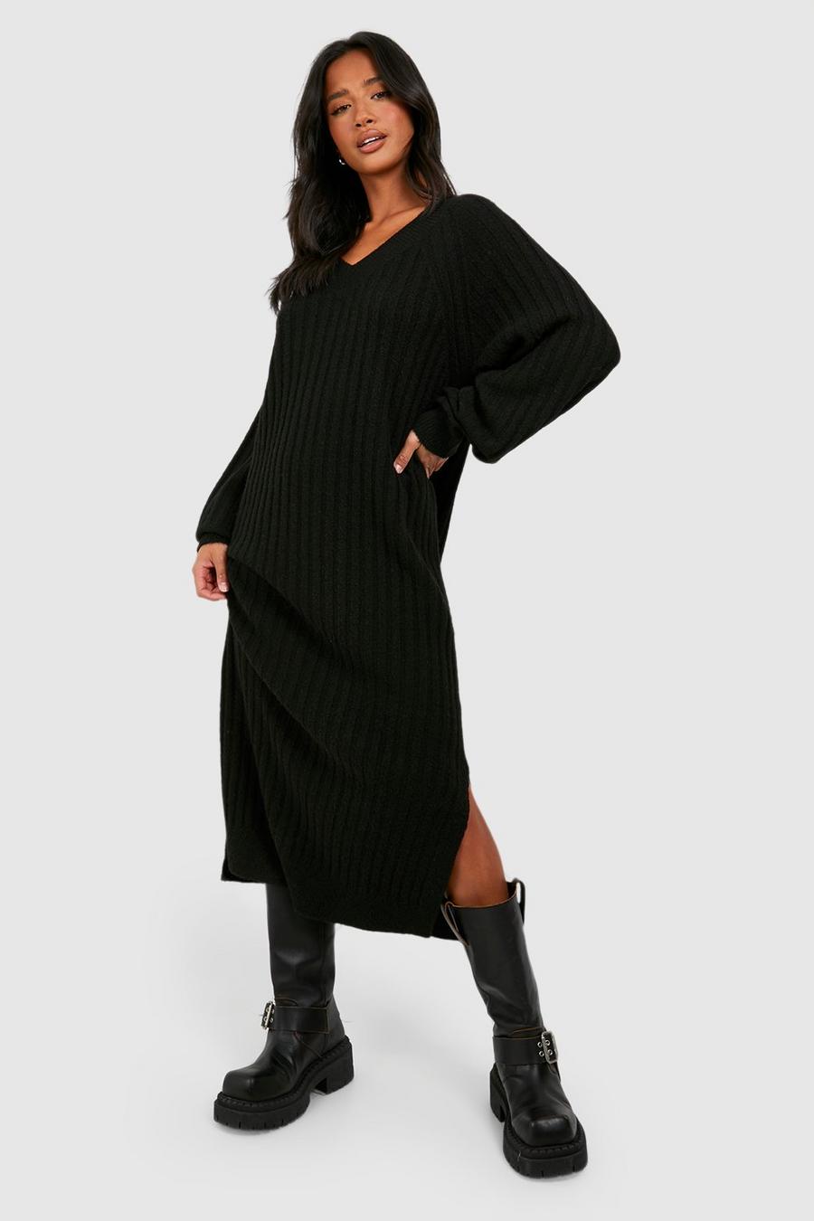 Black Petite Knitted Rib V Neck Midaxi Dress