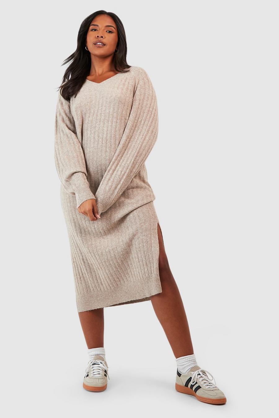 Sand Petite Knitted Rib V Neck Midaxi Dress image number 1