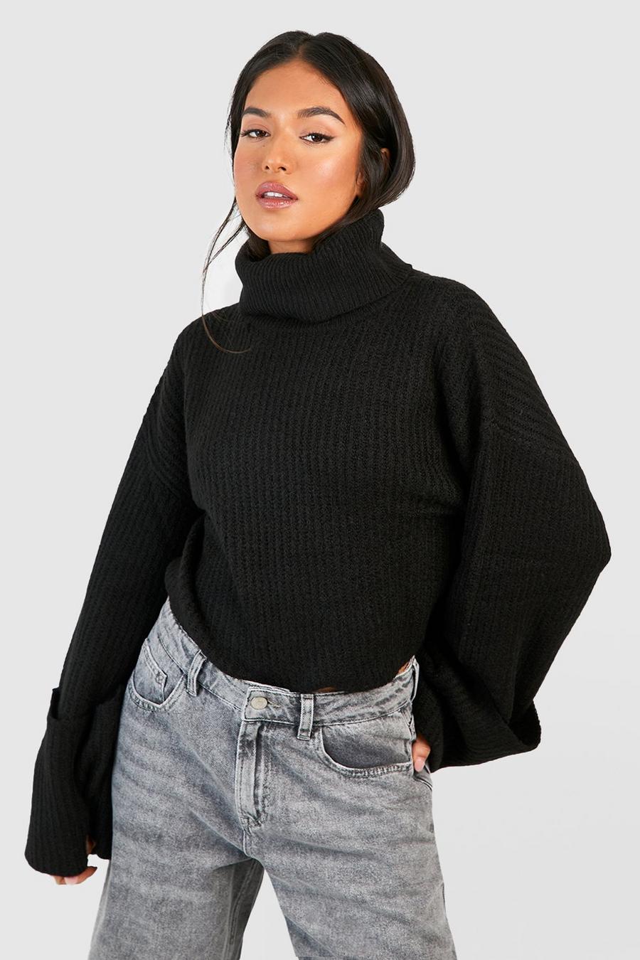 Black Petite Turtleneck Deep Cuff Sweater
