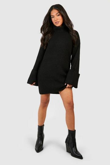 Petite Deep Cuff Turtleneck Sweater Dress black