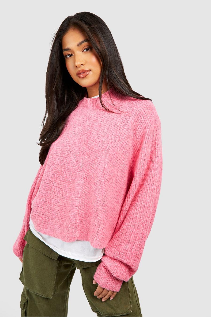 Petite hochgeschlossener Strick-Pullover mit Chevron-Muster, Hot pink