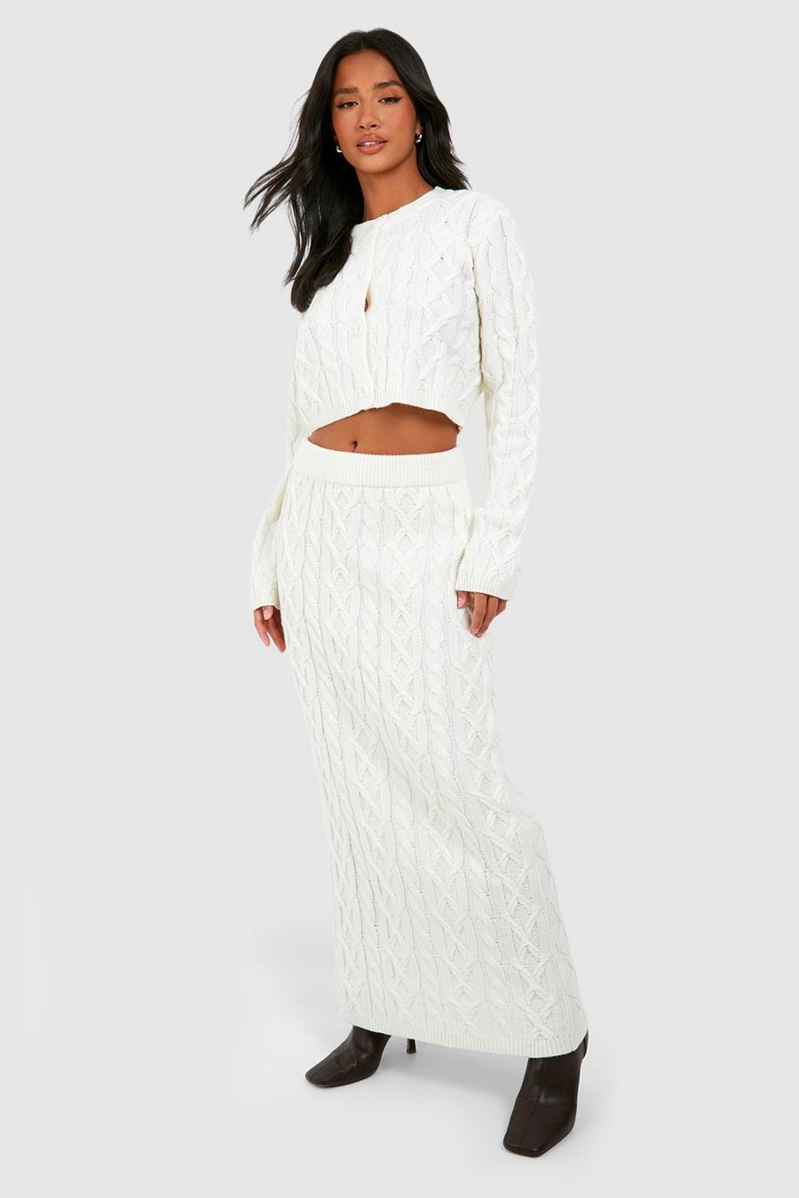 Cream Petite Cable Knit Maxi Skirt  