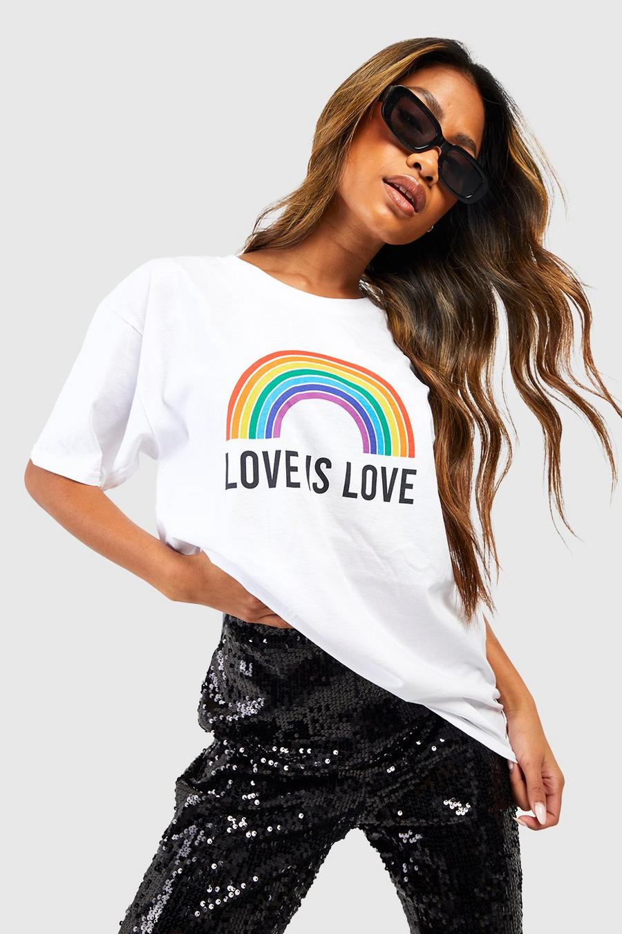 T-shirt oversize con stampa Love Is Love in colori arcobaleno, White bianco