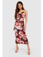 Dusty red Satin Large Floral Floaty Midi Skirt