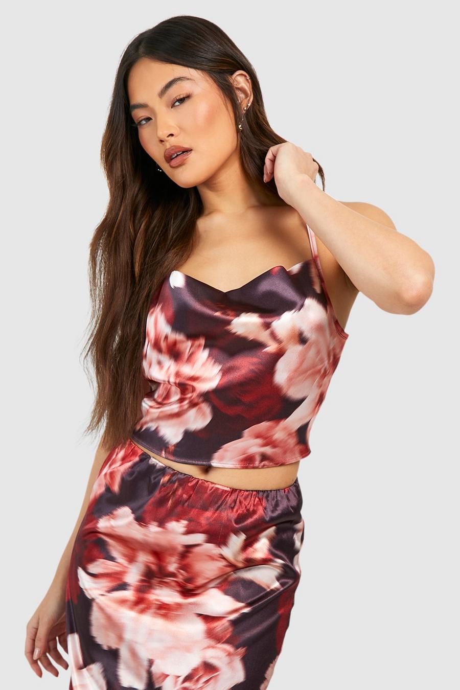 Dusty red Satin Large Floral Floaty Cami image number 1