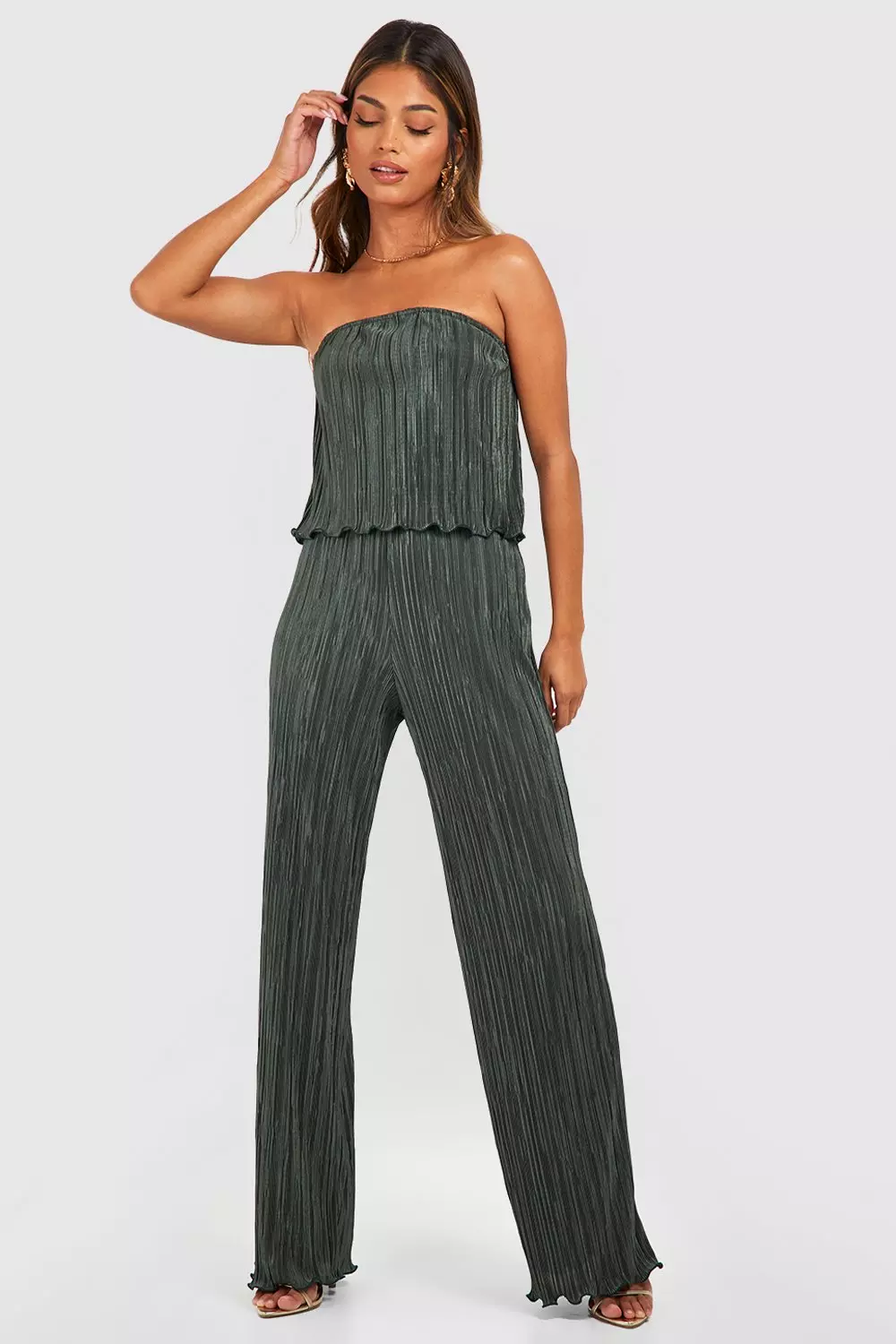 Khaki Plisse Floaty Bandeau & Wide Leg Trouser Set alternative image
