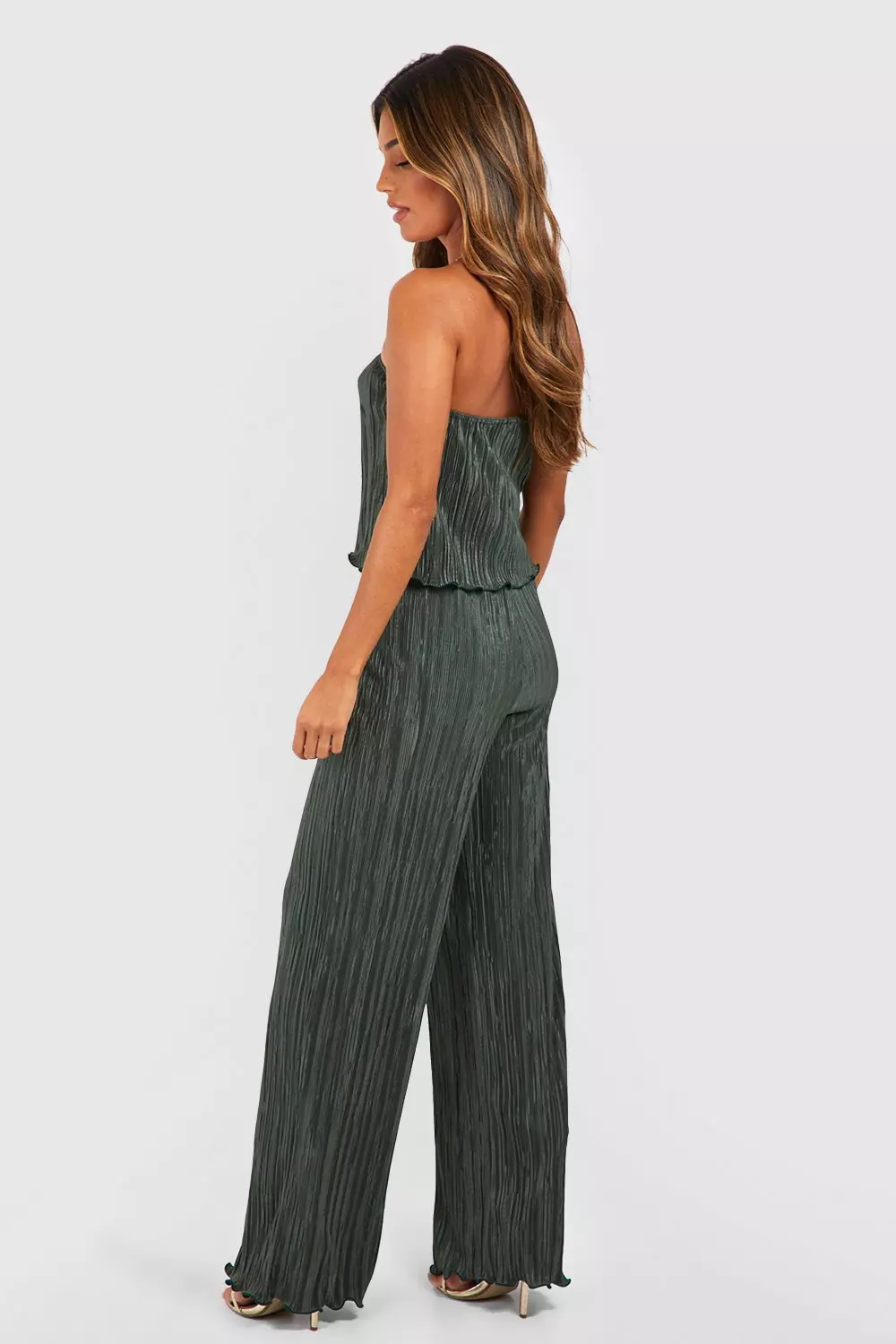 Khaki Plisse Floaty Bandeau & Wide Leg Trouser Set alternative image