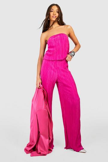 Zwierige Plisse Bandeau Top En Wide Leg Broek Set pink