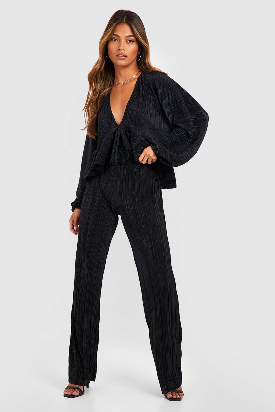 Set blusa plissettata con scollo profondo & pantaloni dritti, Black image number 1