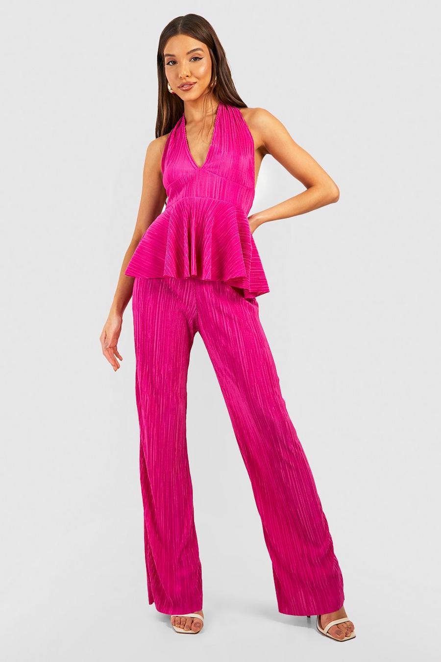 Pink Plisse Backless Halter & Flared Hem Trouser Set image number 1