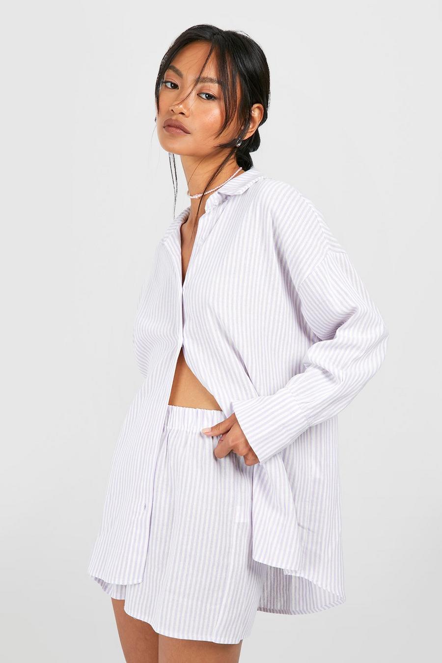Washed lilac Linen Look Striped Oversized Shirt & Short Set image number 1