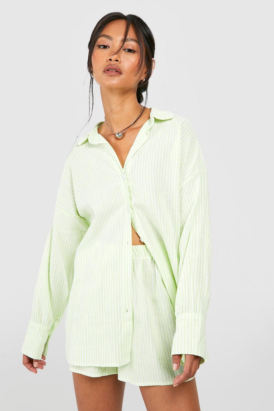 Washed lime yellow Linen Look Striped Oversized Shirt & Short Set