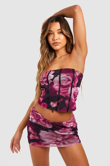 Large Floral Print Corset & Mid Rise Mini Skirt Set violet