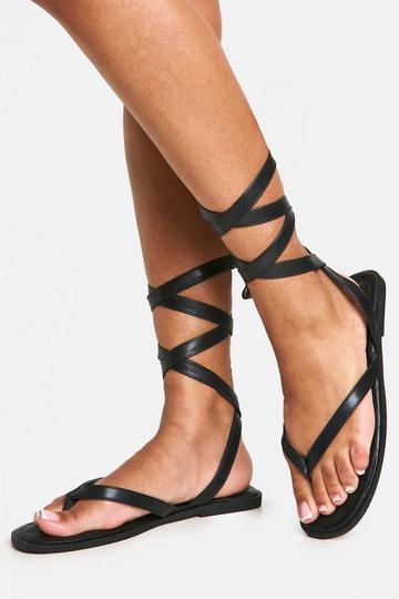 Black Toe Post Wrap Up Flat Sandals