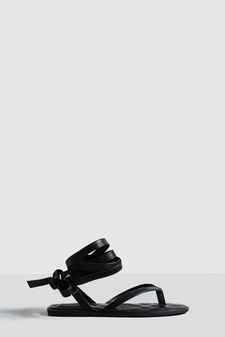 Black Toe Post Wrap Up Flat Sandals image number 1