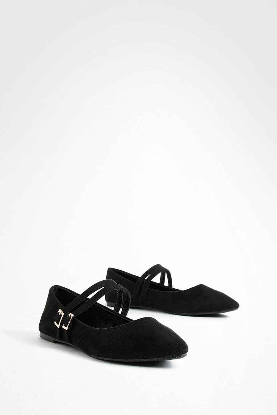 Black svart Double Strap Pointed Flats