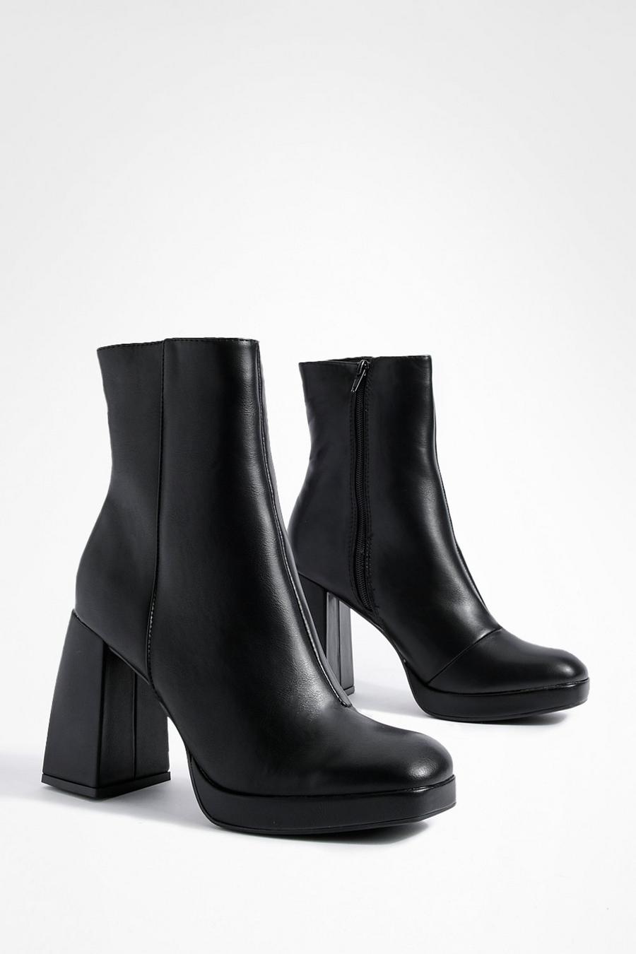 Black svart Block Heel Shoe Platform Boots 