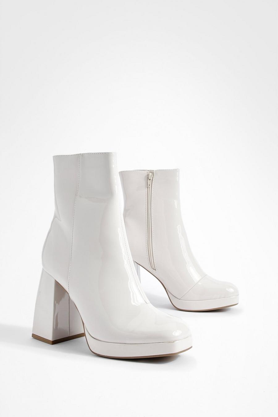 Cream white Block Heel Patent Platform Shoe Boots