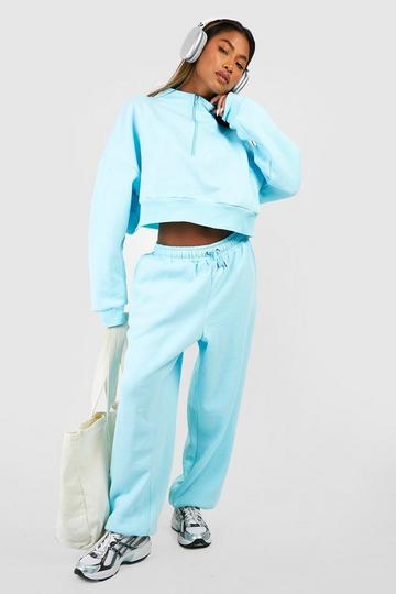 Cropped Half Zip Sweatshirt And Cuffed Jogger Tracksuit blue