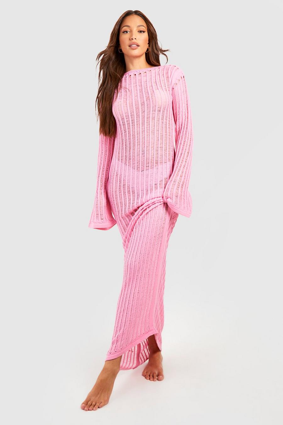 Pink Tall Laddered Knit Maxi Beach Dress image number 1