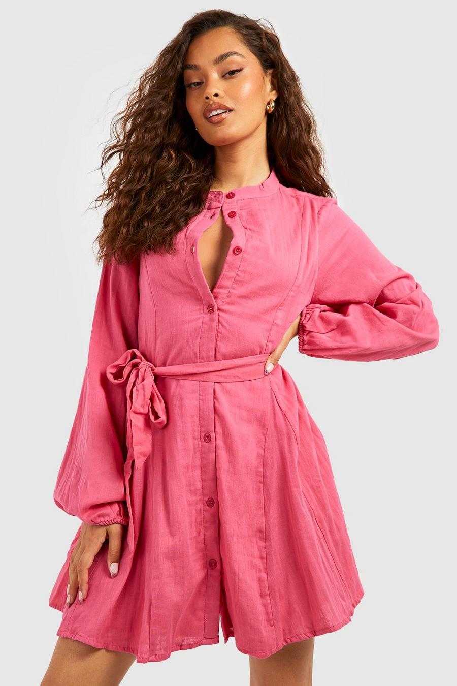 Hot pink Linen Belted Shirt Dress 