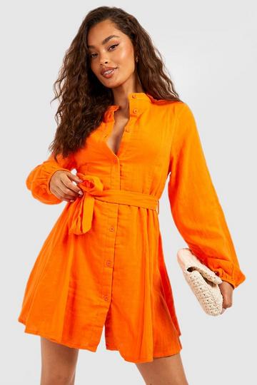 Orange Linen Look Belted Shirt Dress