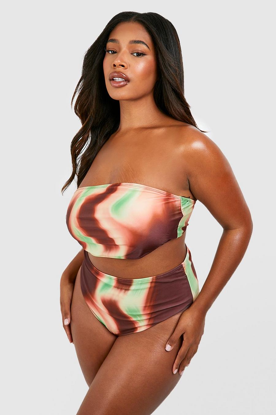 Plus Bandeau-Bikini mit Print, Brown image number 1