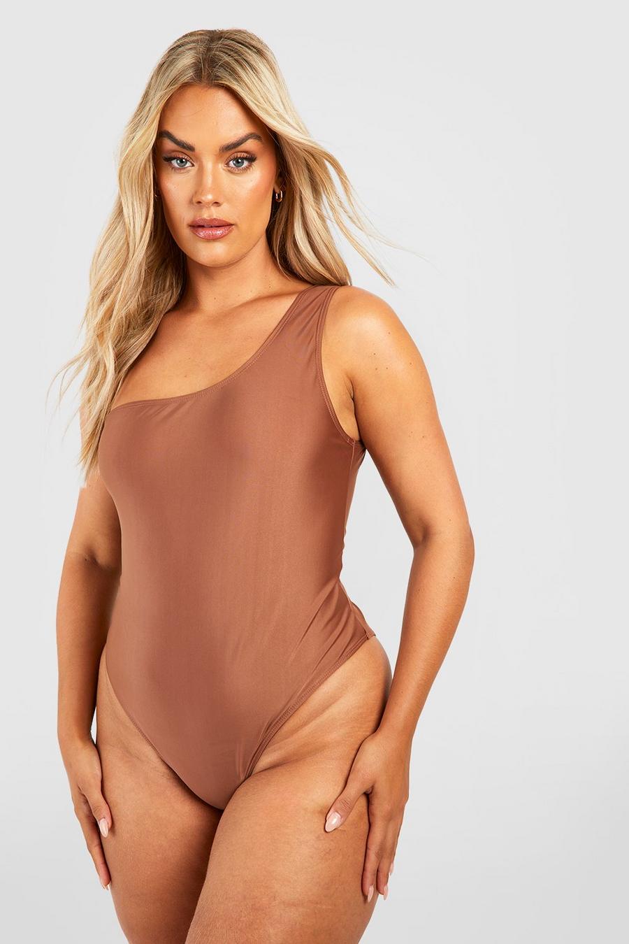 Brown Plus One Shoulder Swimsuit