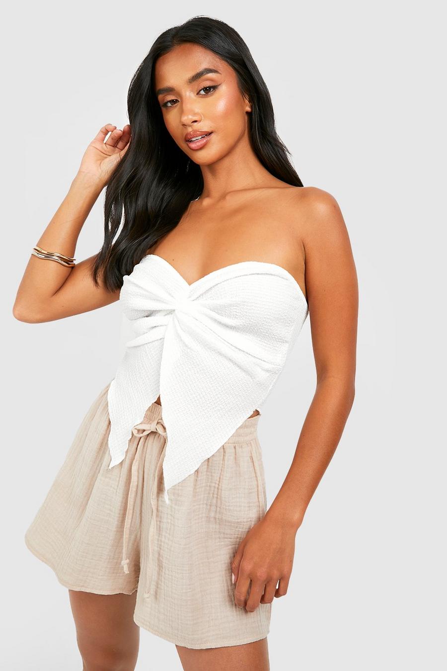 White Petite Textured Twist Front Bandeau Top image number 1